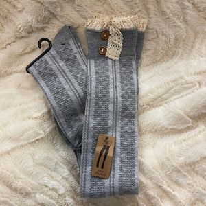 New Born Knee High Socks Cotton Lace Gray Buttons Womens NWT Boot Socks